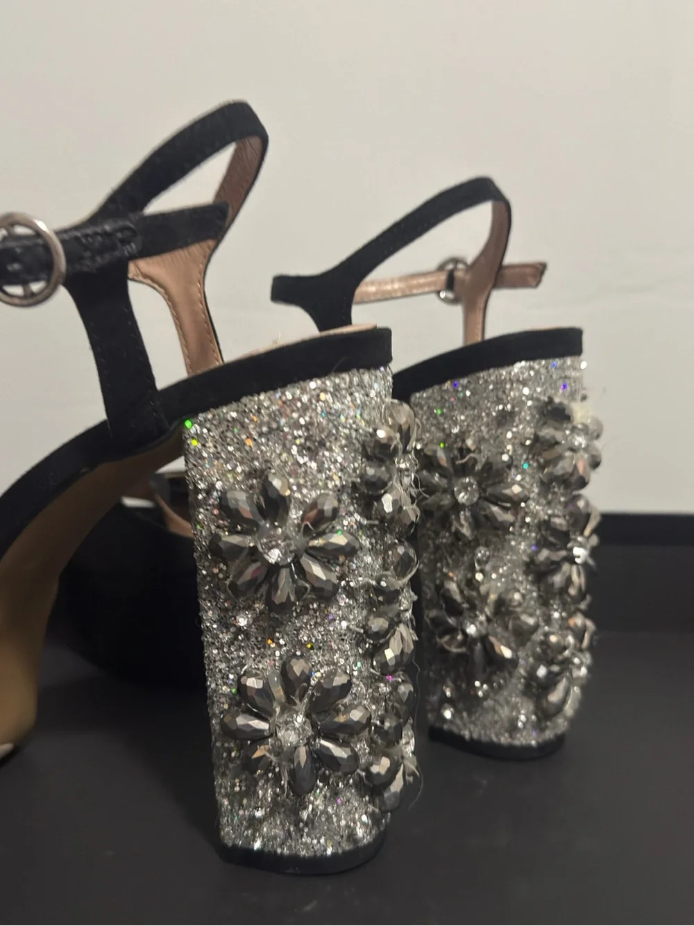 Betsey Johnson “Ferra” Black Seude Platform Sandals with Jeweled Block Heel